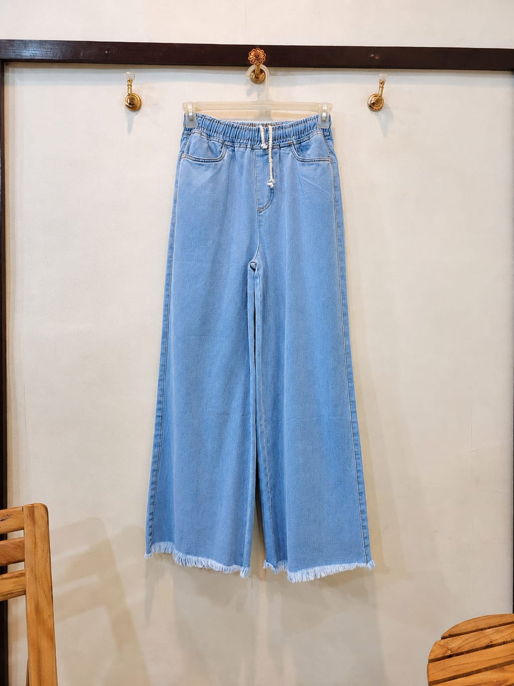 Ice Blue Dori Elastic Waist Denim Trousers for Girls & Women