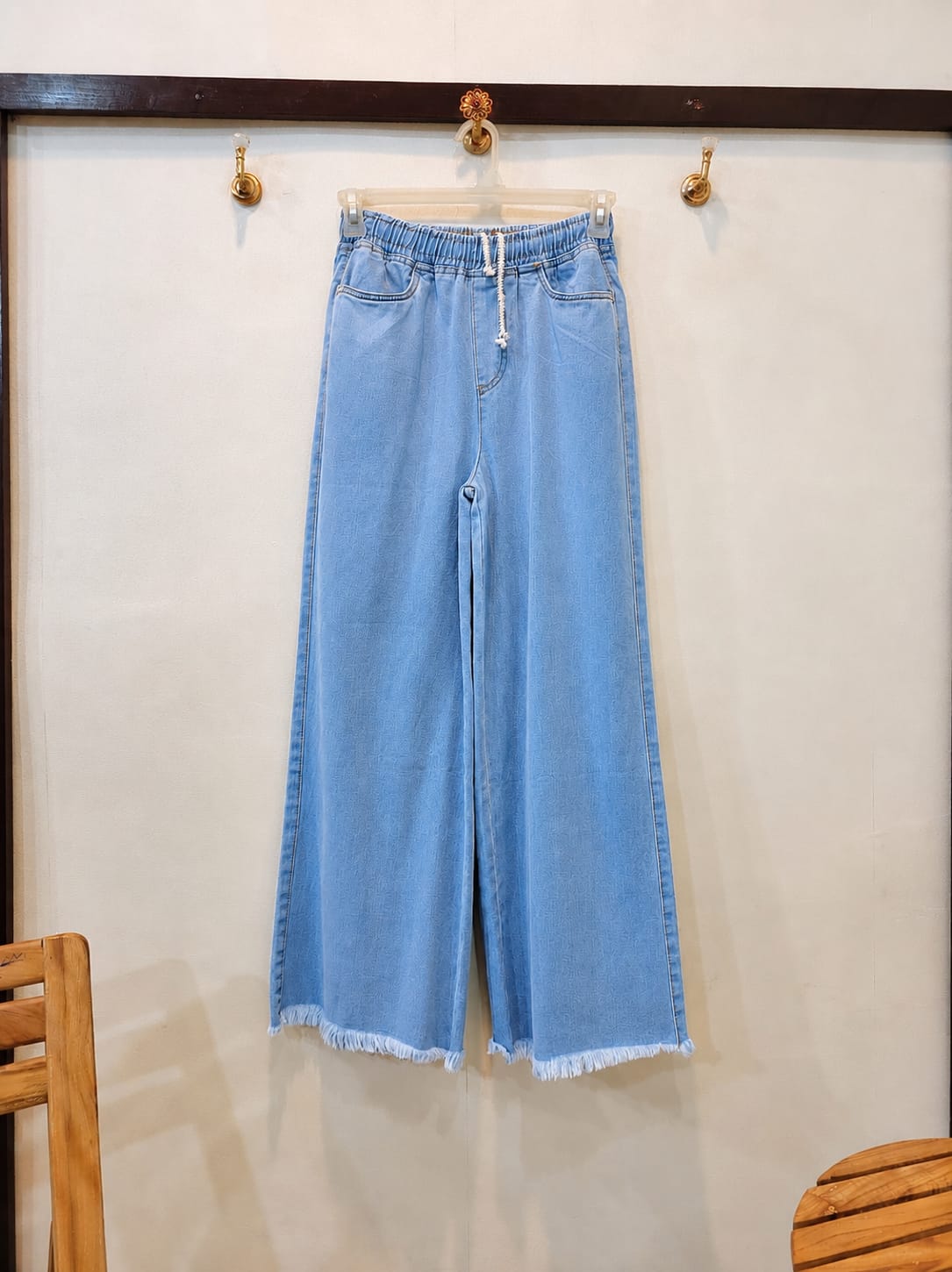 Ice Blue Dori Elastic Waist Denim Trousers for Girls & Women