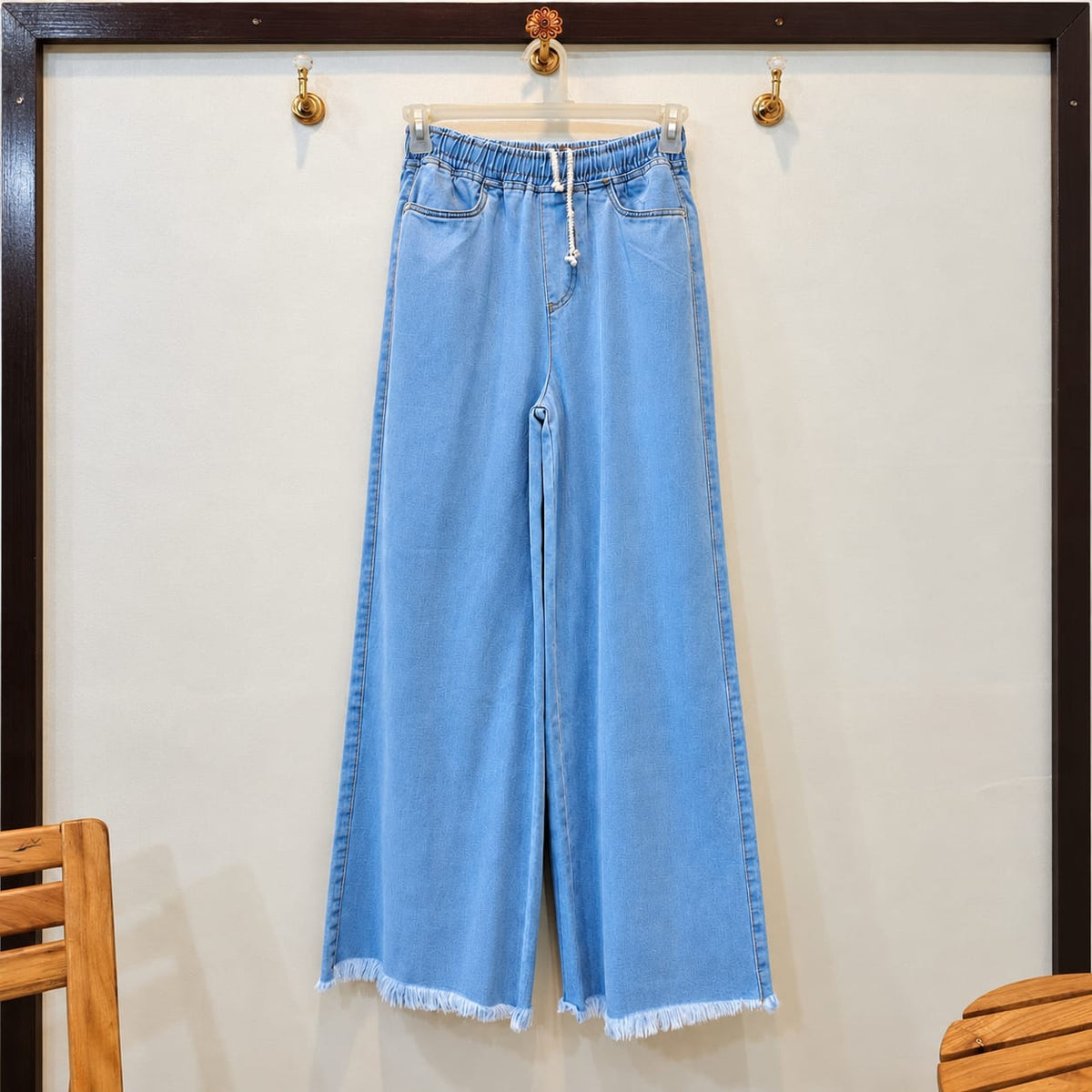 Ice Blue Dori Elastic Waist Denim Trousers for Girls & Women