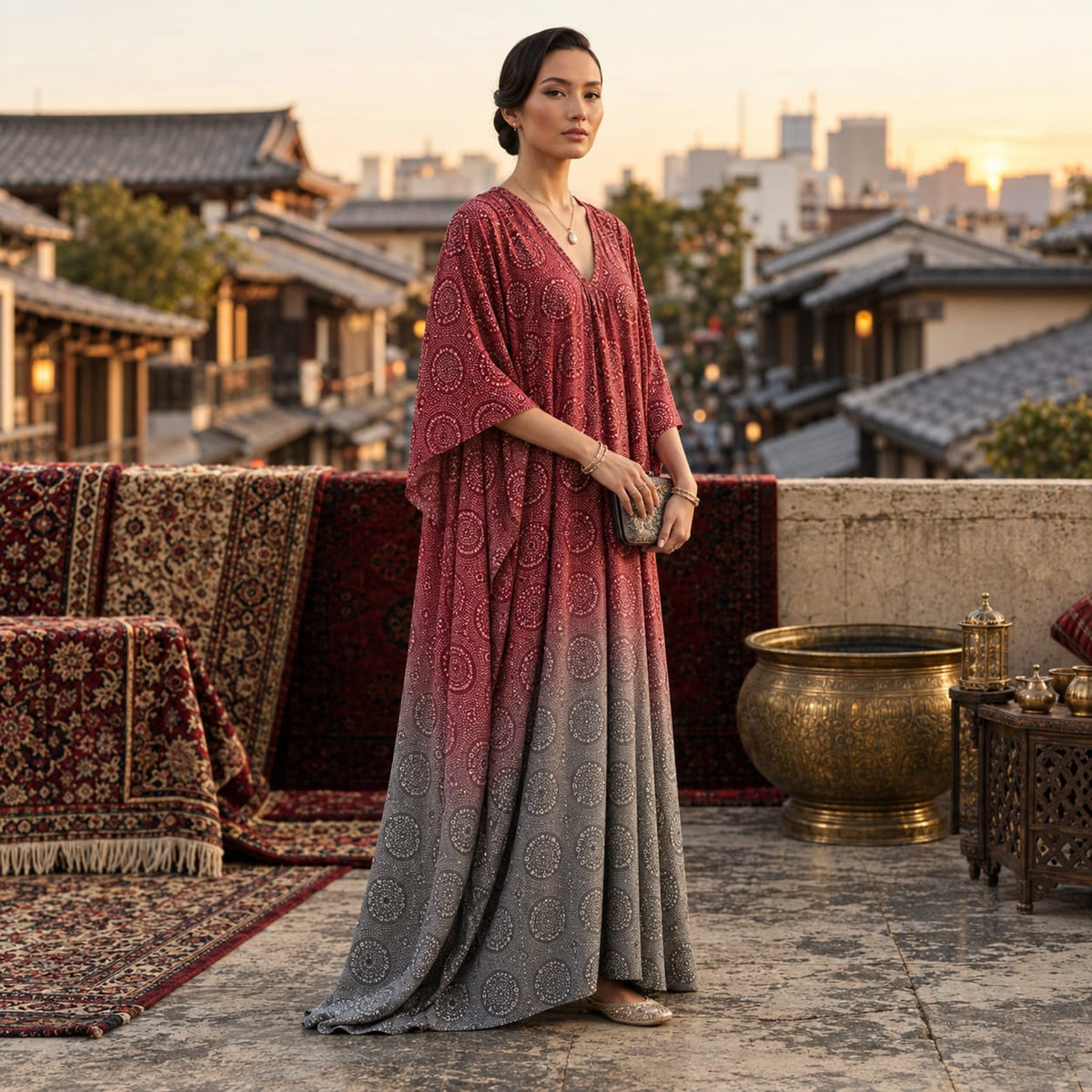 Floral Printed Crepe Kaftan – Set 02