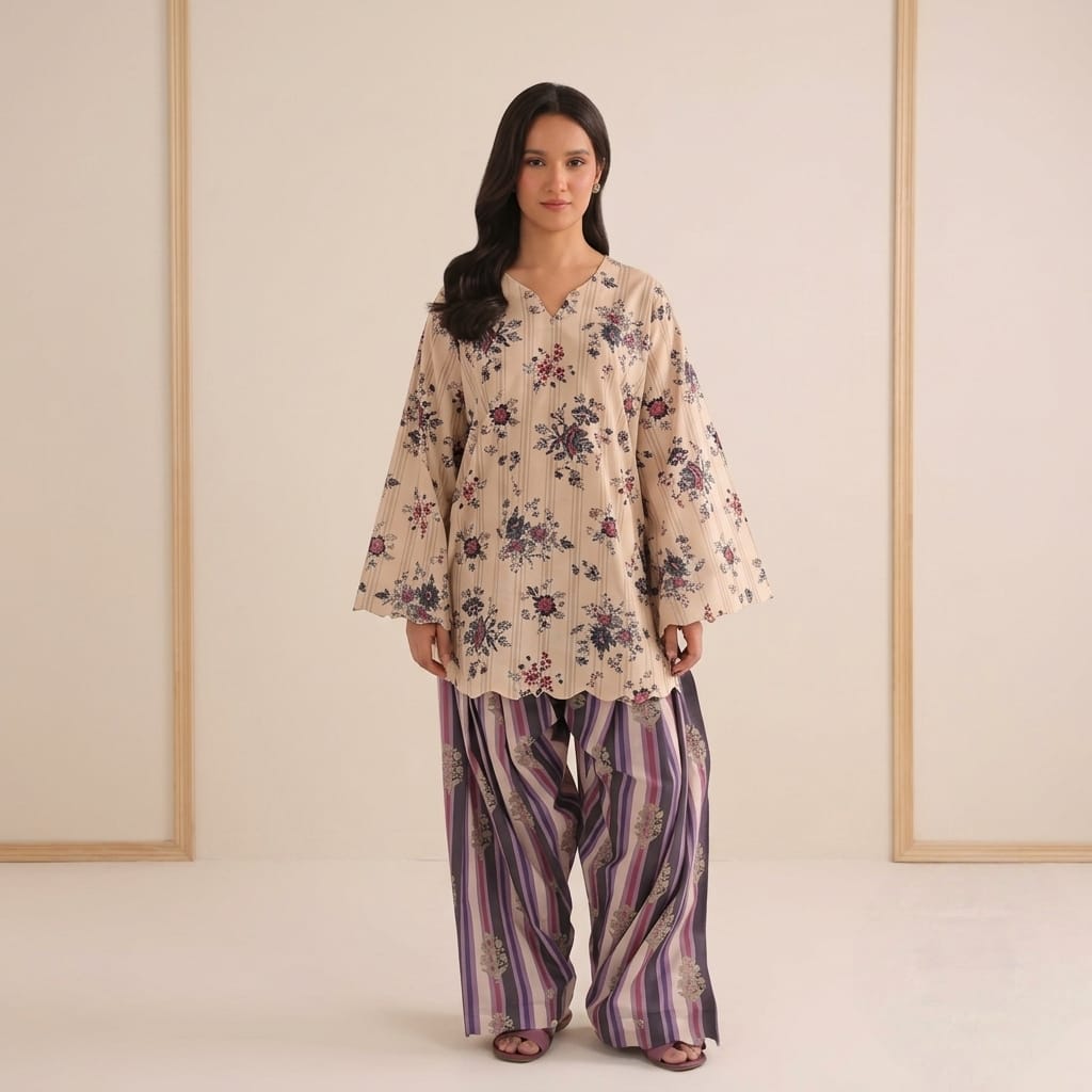 Women’s Printed Co-Ord Set – Elegant Floral Top & Wide-Leg Pants 2-Piece Outfit - Set 03