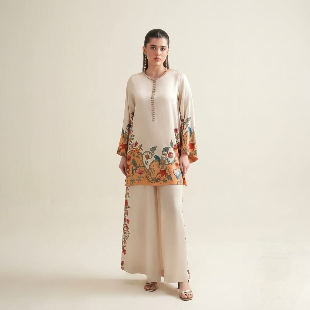 Women’s Printed Co-Ord Set – Elegant Floral Top & Wide-Leg Pants 2-Piece Outfit - Set 03