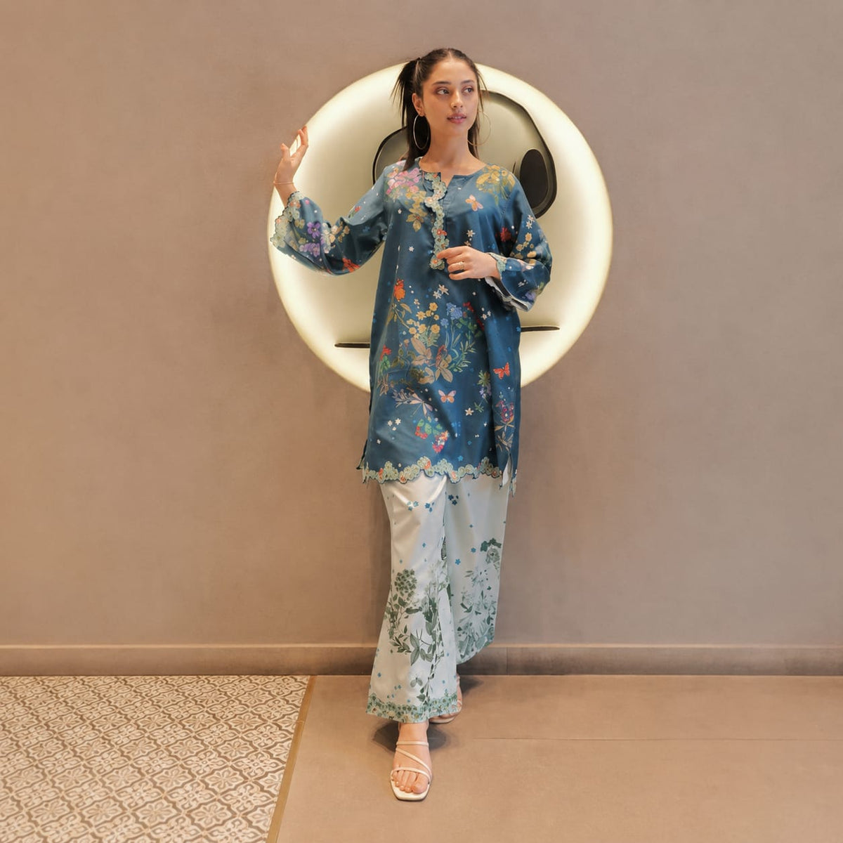 Women’s Printed Co-Ord Set – Elegant Floral Top & Wide-Leg Pants 2-Piece Outfit - Set 02