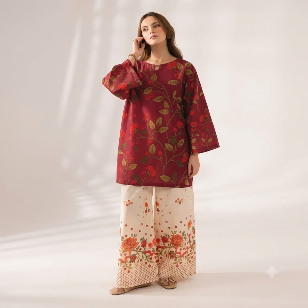Women’s Printed Co-Ord Set – Elegant Floral Top & Wide-Leg Pants 2-Piece Outfit - Set 02
