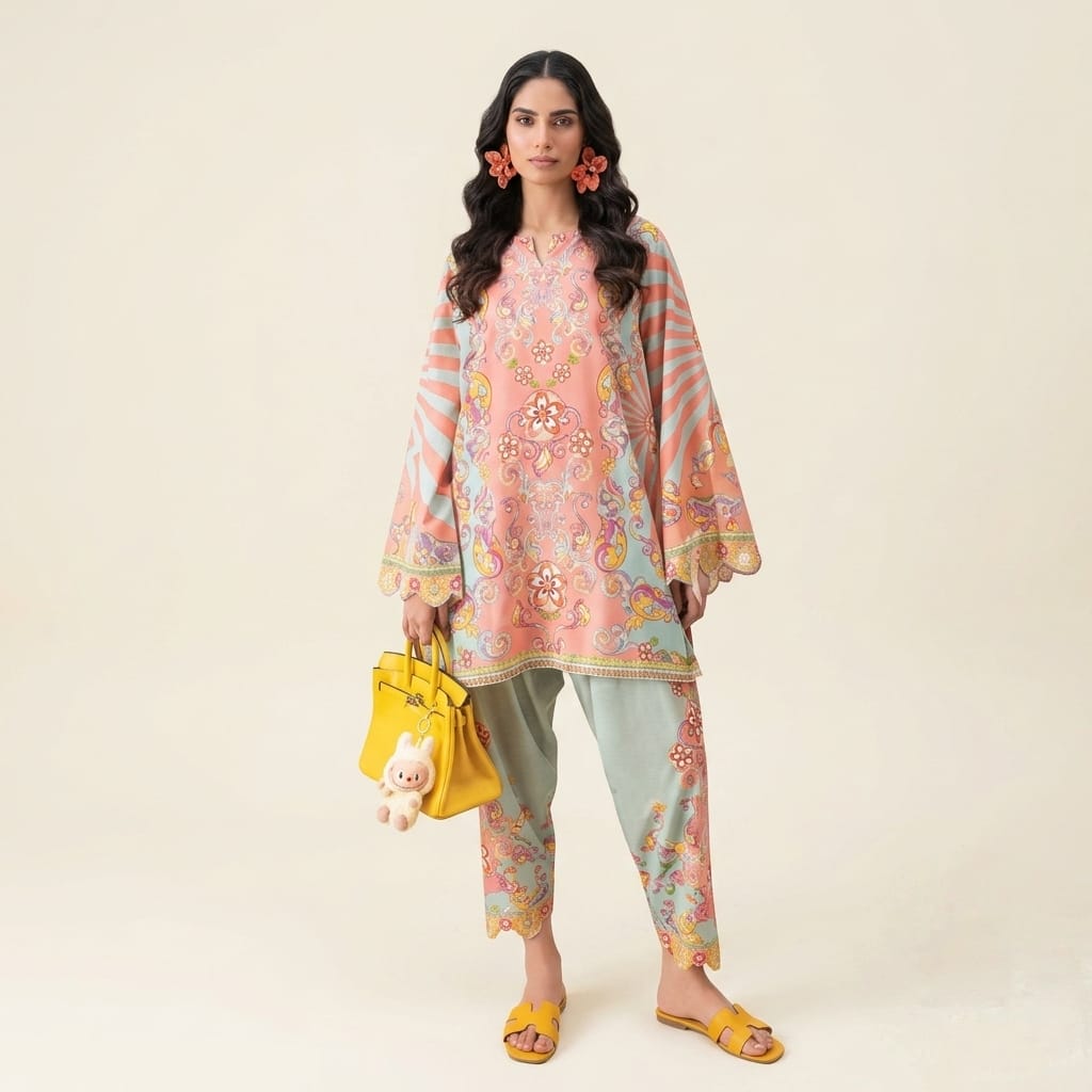 Women’s Printed Co-Ord Set – Elegant Floral Top & Wide-Leg Pants 2-Piece Outfit Set - 01