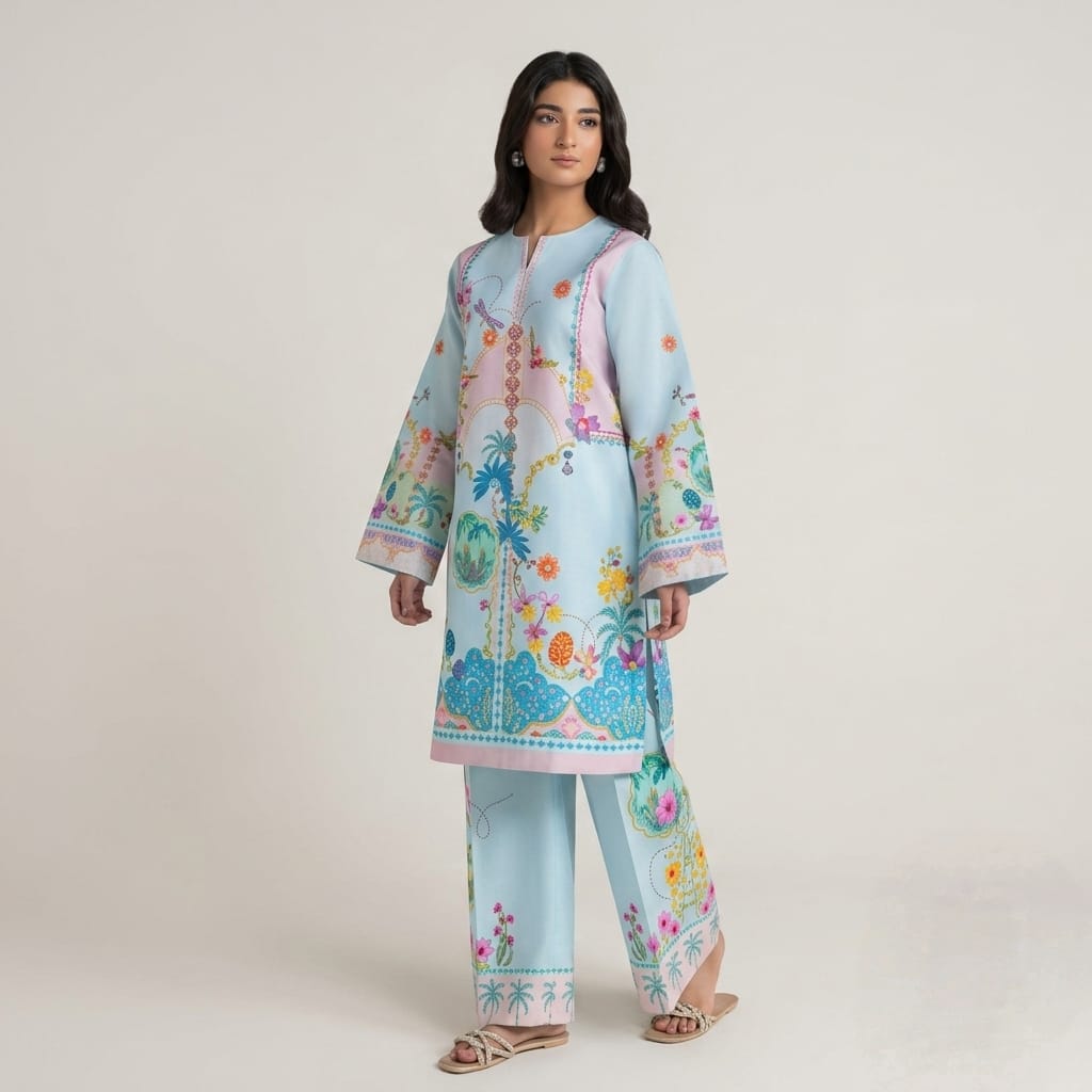 Women’s Printed Co-Ord Set – Elegant Floral Top & Wide-Leg Pants 2-Piece Outfit - Set 02