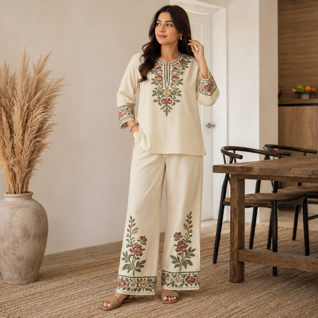 Women’s Printed Co-Ord Set – Elegant Floral Top & Wide-Leg Pants 2-Piece Outfit Set - 01