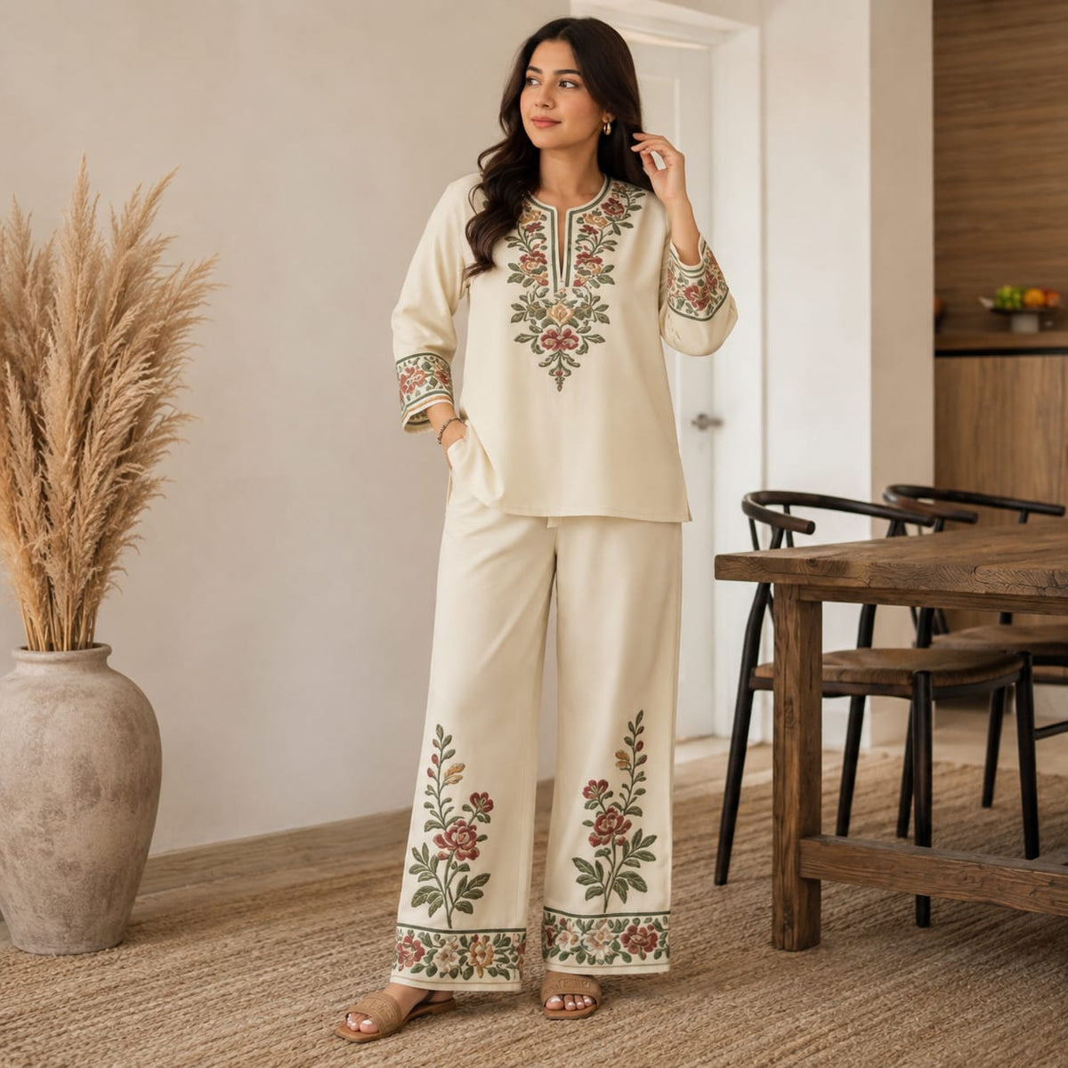 Women’s Printed Co-Ord Set – Elegant Floral Top & Wide-Leg Pants 2-Piece Outfit Set - 01