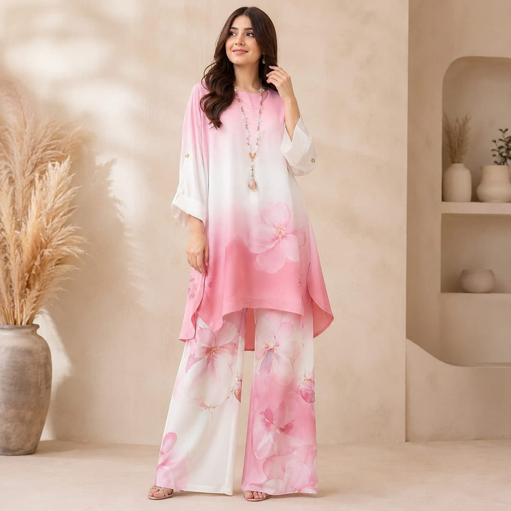 Women’s Printed Co-Ord Set – Elegant Floral Top & Wide-Leg Pants 2-Piece Outfit Set - 01