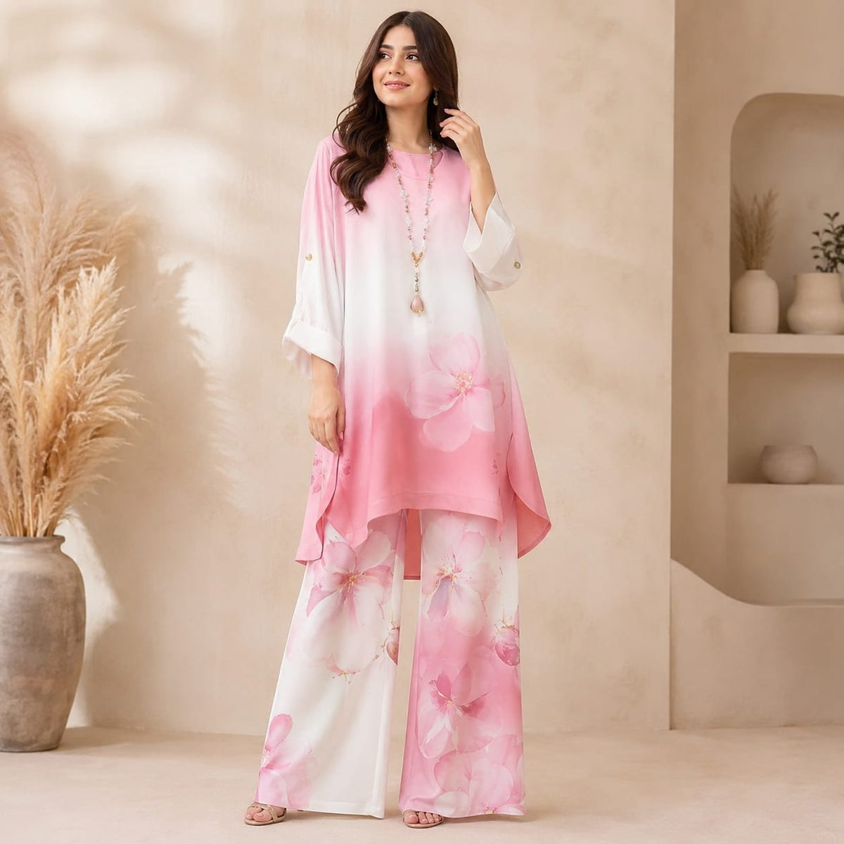 Women’s Printed Co-Ord Set – Elegant Floral Top & Wide-Leg Pants 2-Piece Outfit Set - 01
