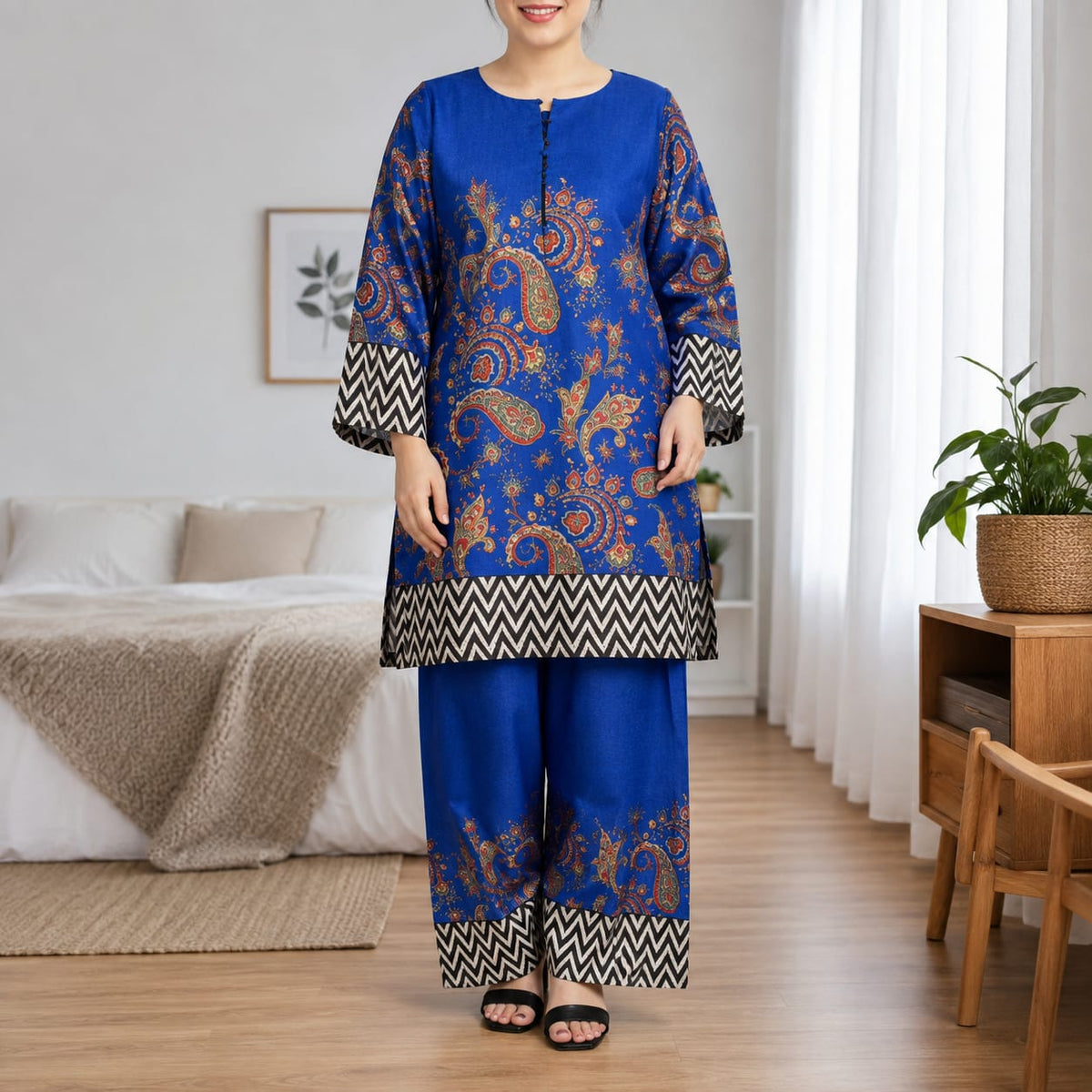 Women’s Printed Co-Ord Set – Elegant Floral Top & Wide-Leg Pants 2-Piece Outfit Set - 01